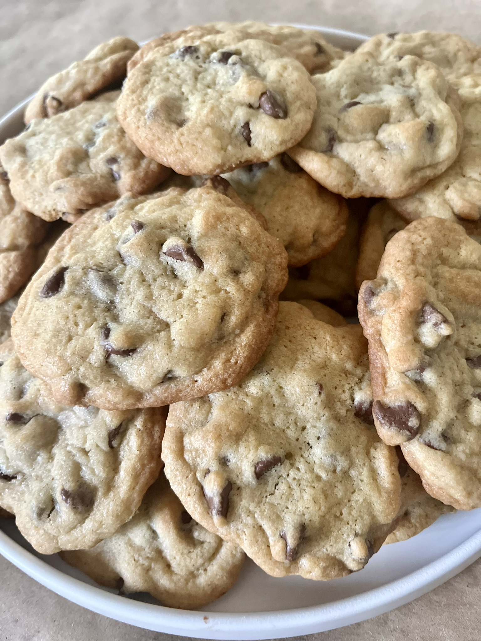 Picture of a plate of homemade chocolate chip cookies