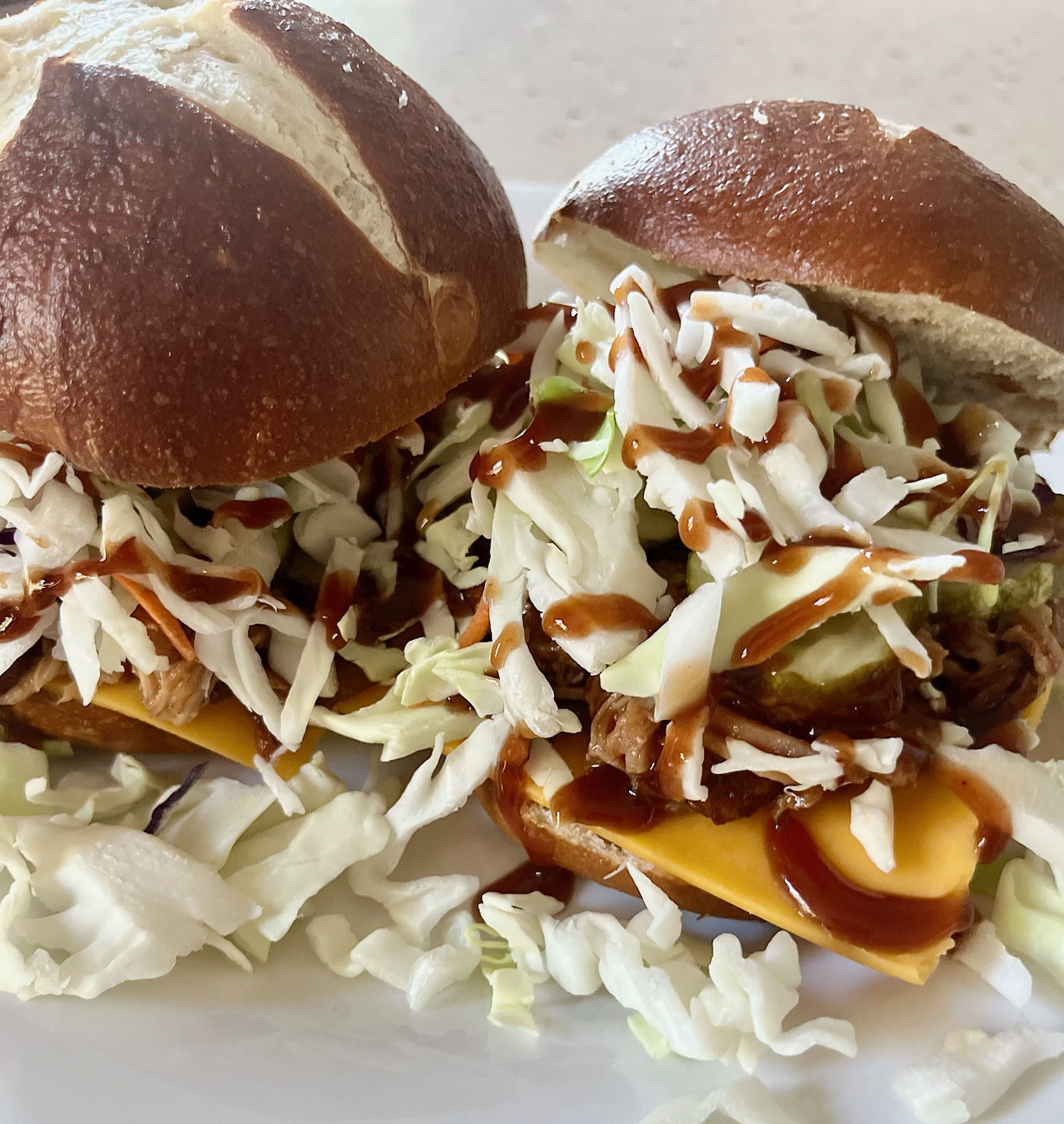 Quick & Easy Pulled Pork Pretzel Bun Sandwiches